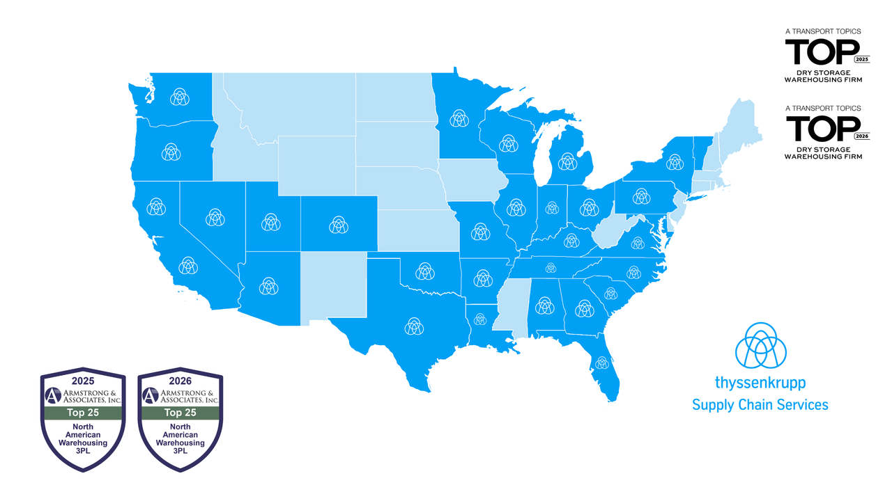 NA map of where thyssenkrupp Supply Chain Services is located in the United States