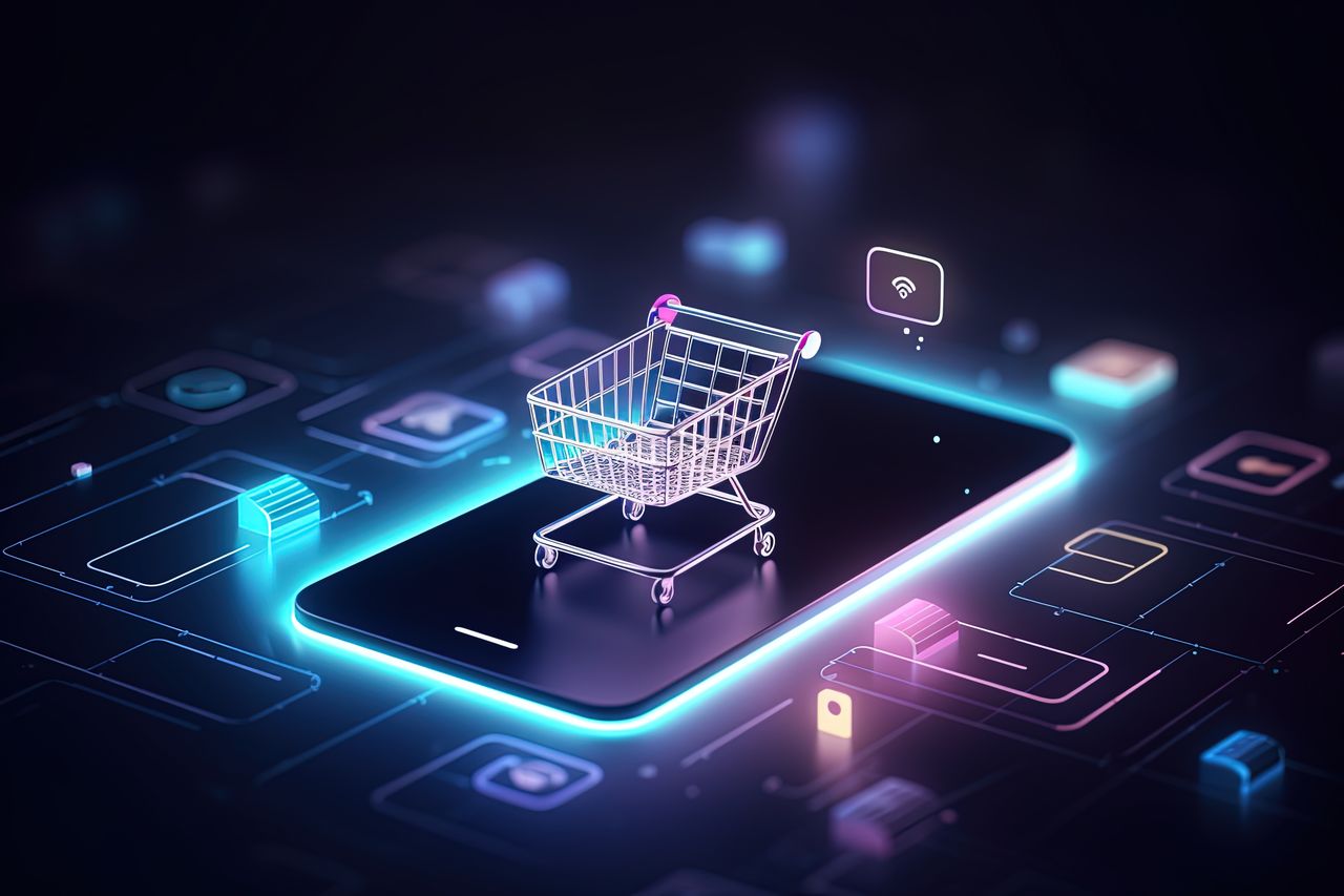 digital shopping cart indicating the future of e-Commerce being in data analytics and AI