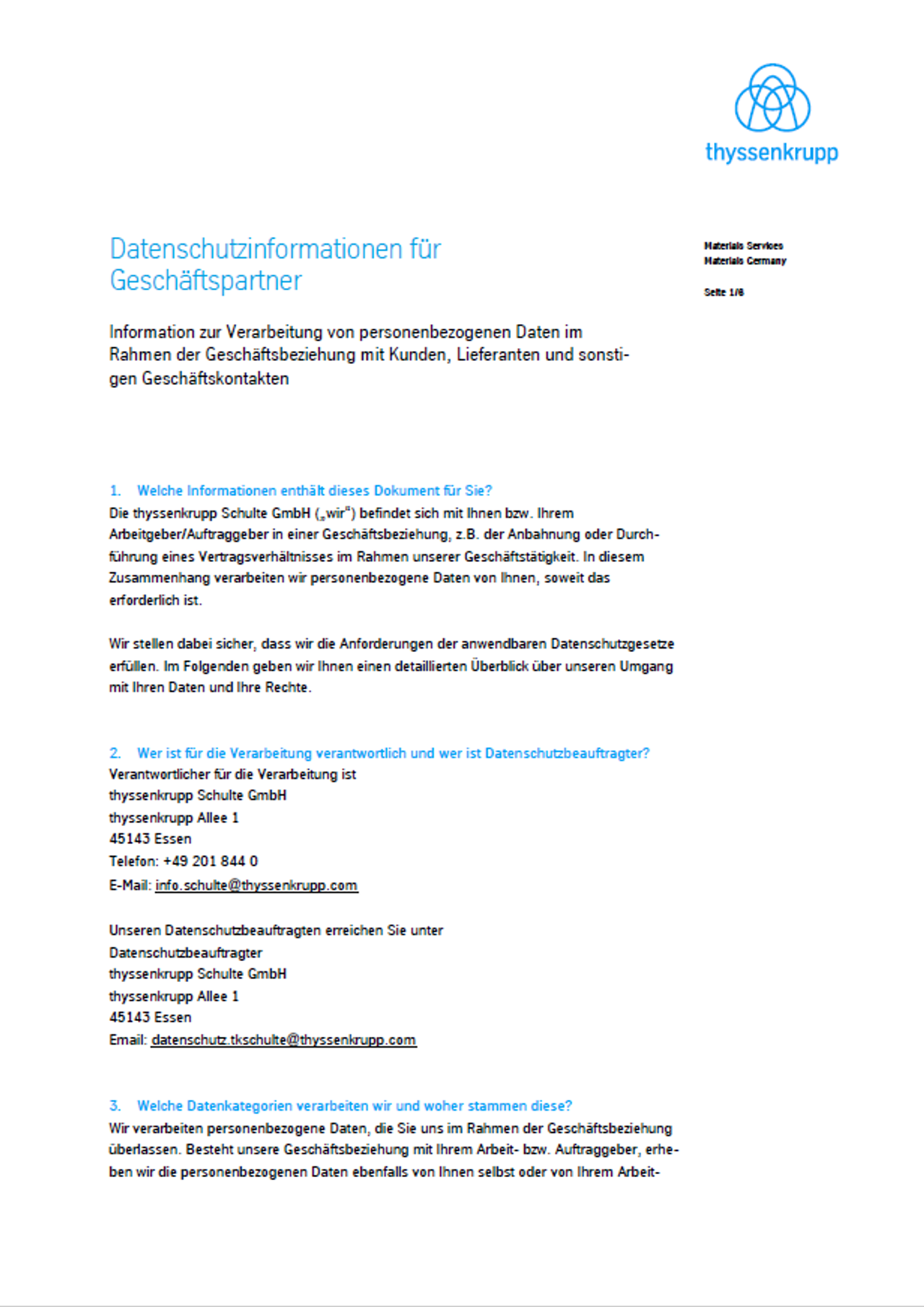 Datenschutzinformationen für Geschäftspartner