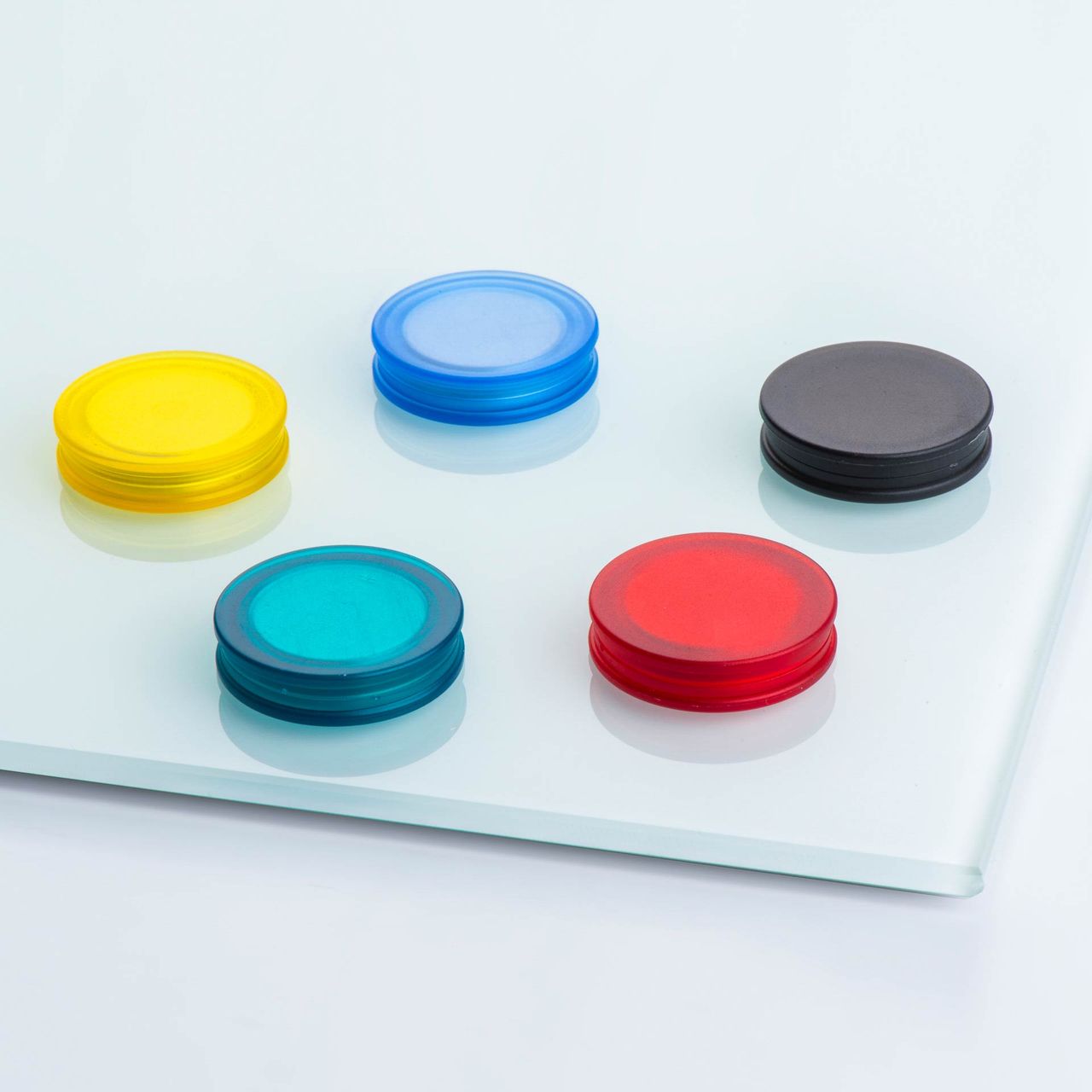 Glasboardmagnet aus Neodym, beidseitig haftend, mit rundem Kunststoffgehäuse, verschiedene Farben, thyssenkrupp Magnettechnik
