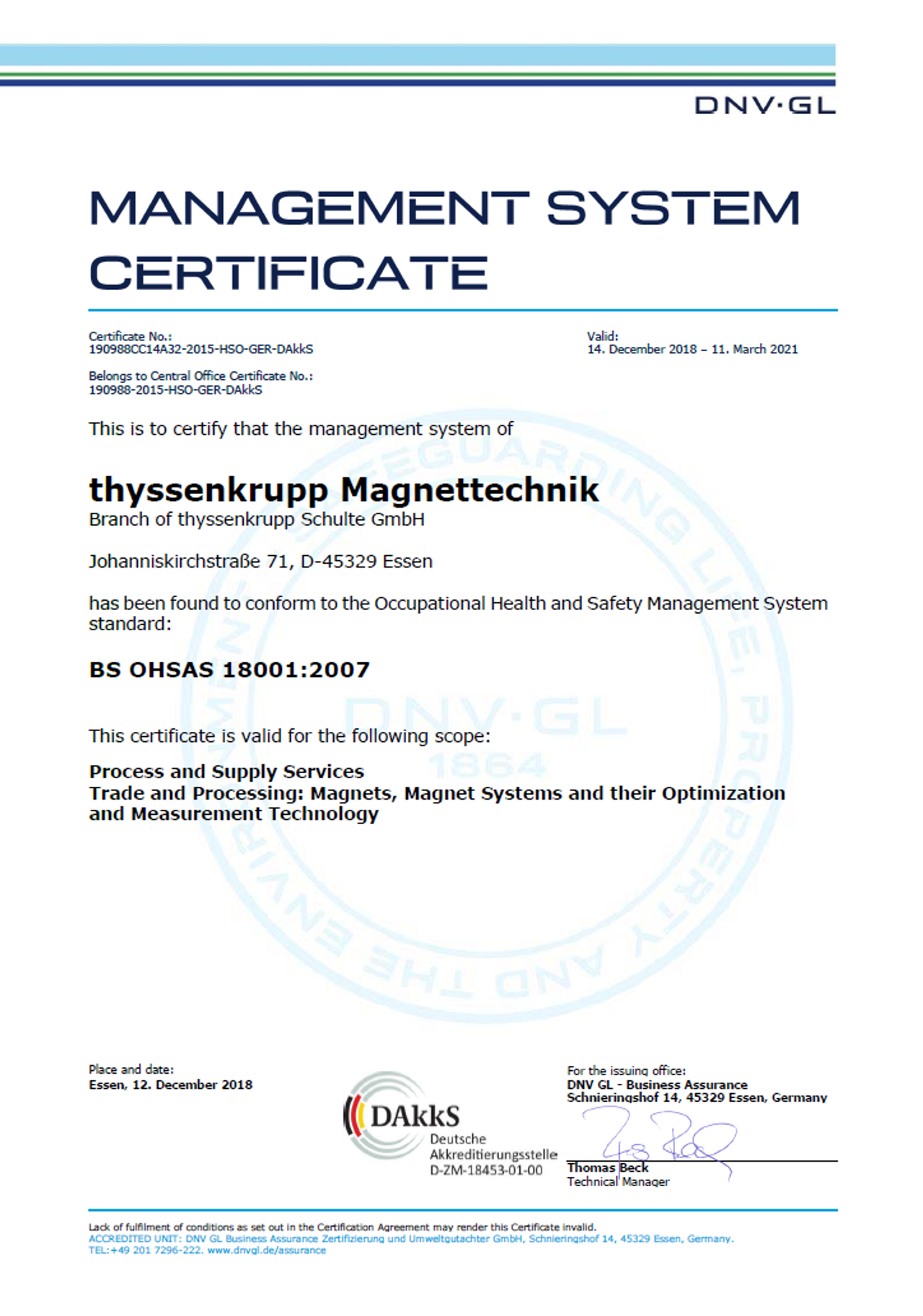 Certificate ISO 45001:2018
