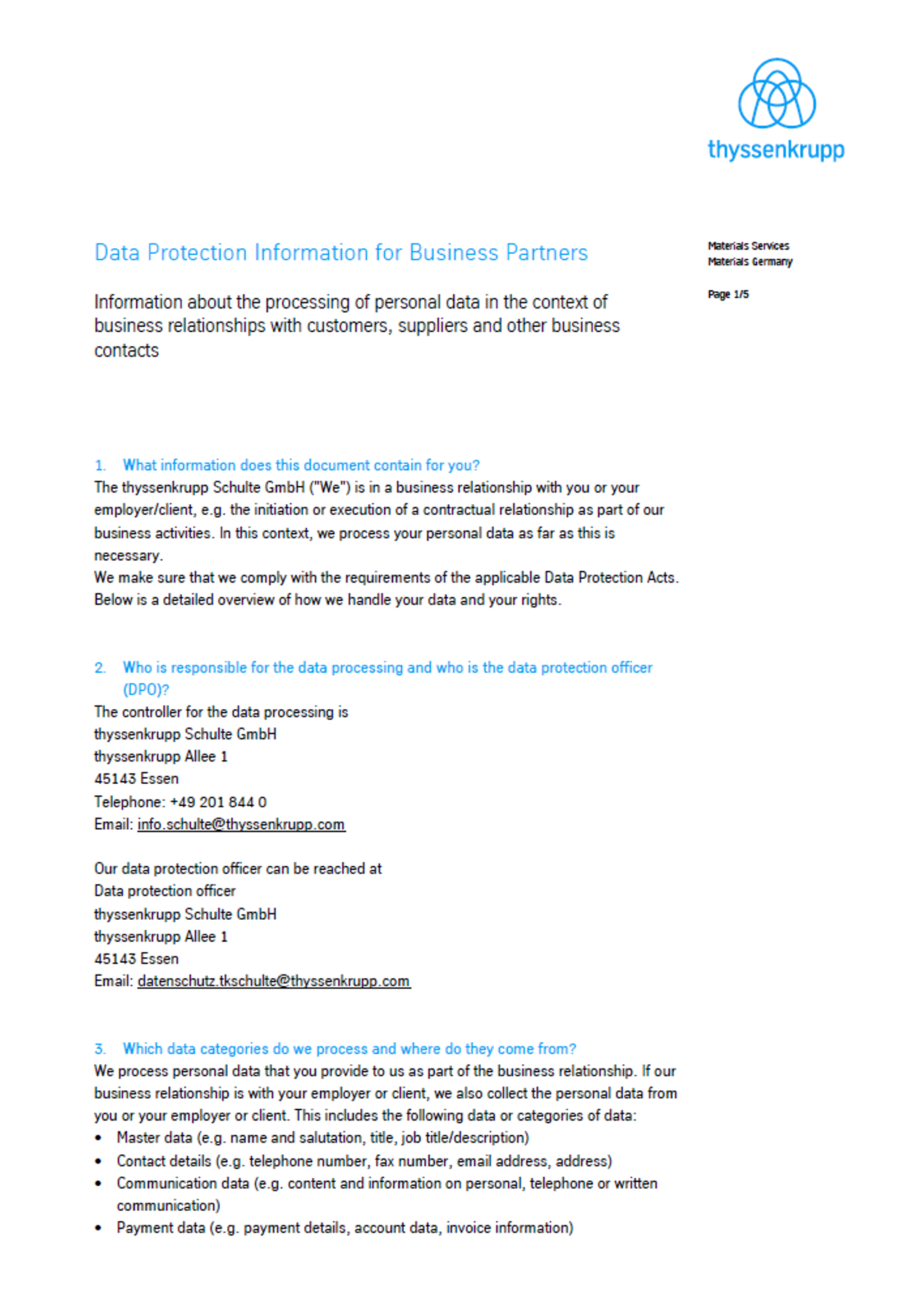 Data protection information for business partners 