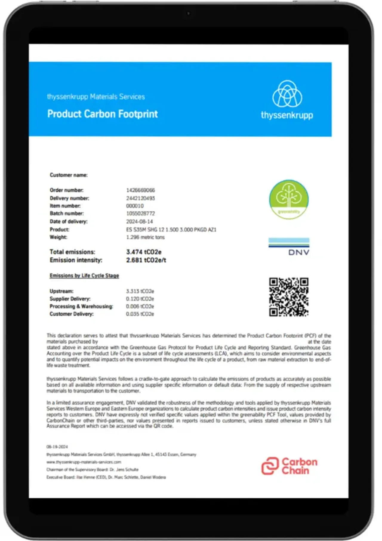 Ein umfassender PCF Report von thyssenkrupp Schulte zeigt die detaillierte CO2-Bilanz eines Produkts
