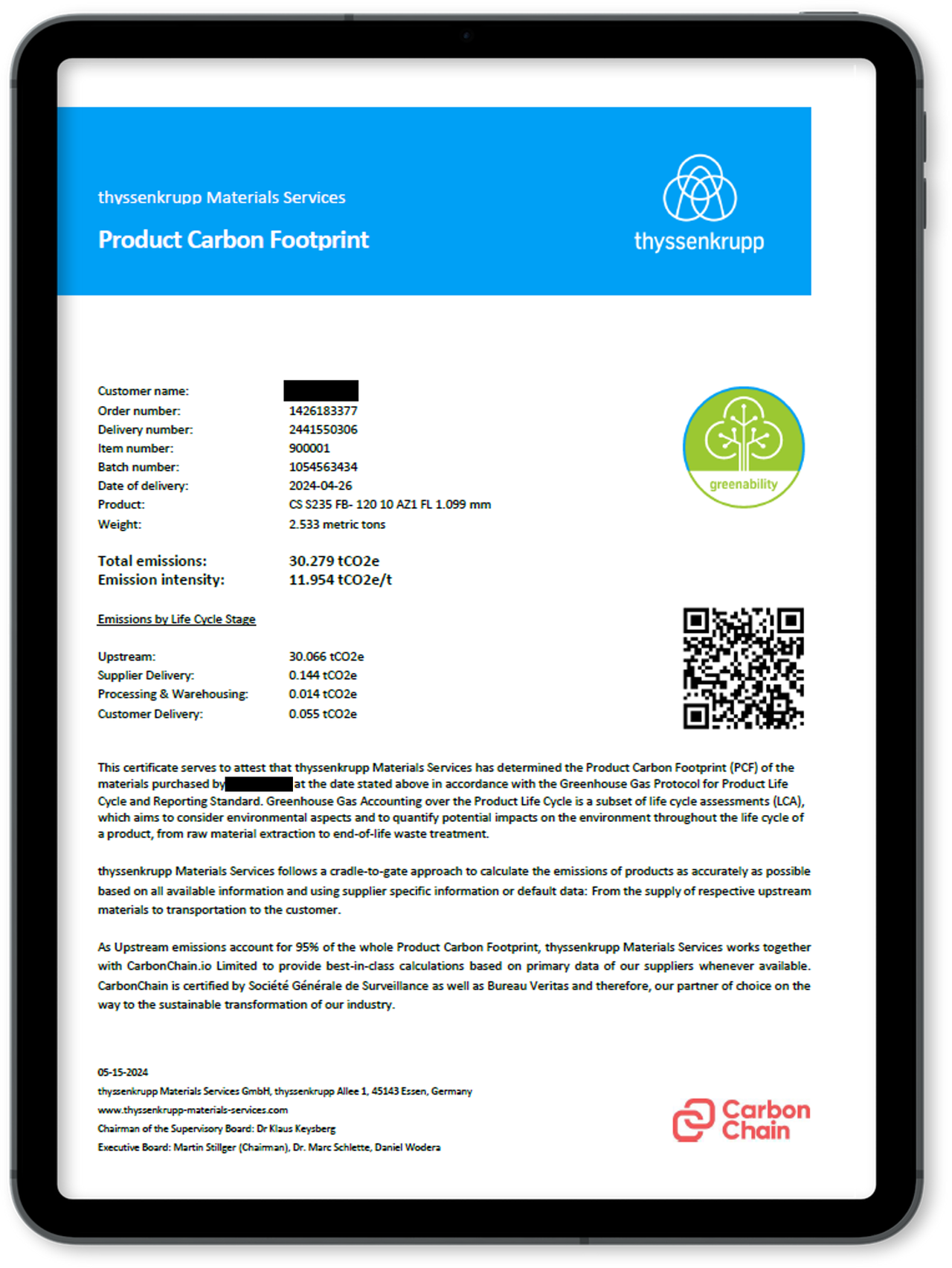 PCF-rapport van thyssenkrupp toont de gedetailleerde CO2-voetafdruk van een product.