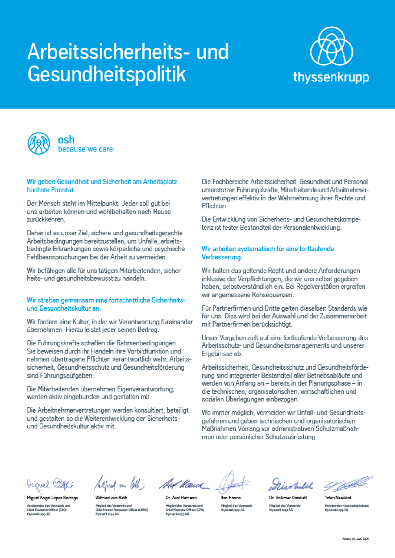 thyssenkrupp Arbeitssicherheits- und Gesundheitspolitik
