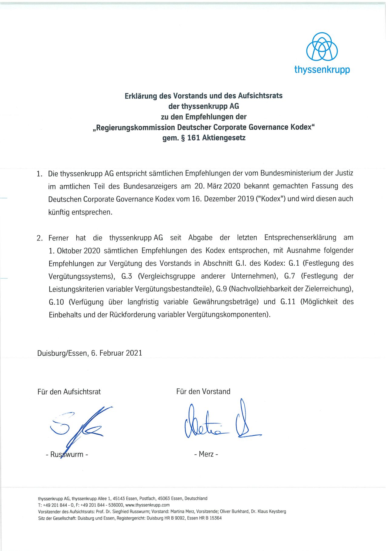 Entsprechenserklärung vom 6. Februar 2021