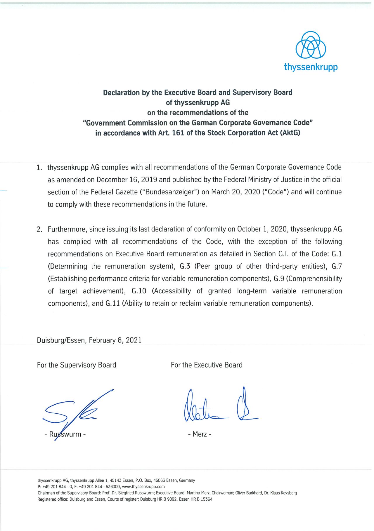 Declaration of conformity as of February 6, 2021