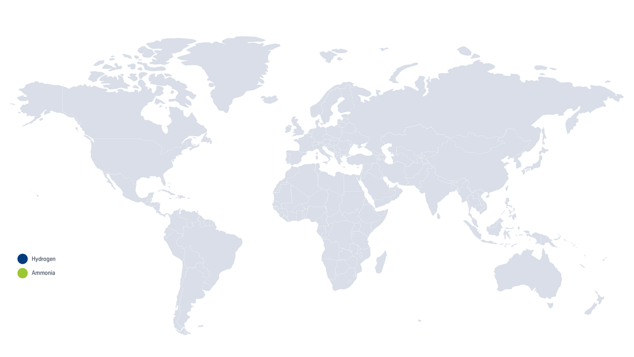 World map displaying the global distribution of 24 hydrogen plants by thyssenkrupp Uhde