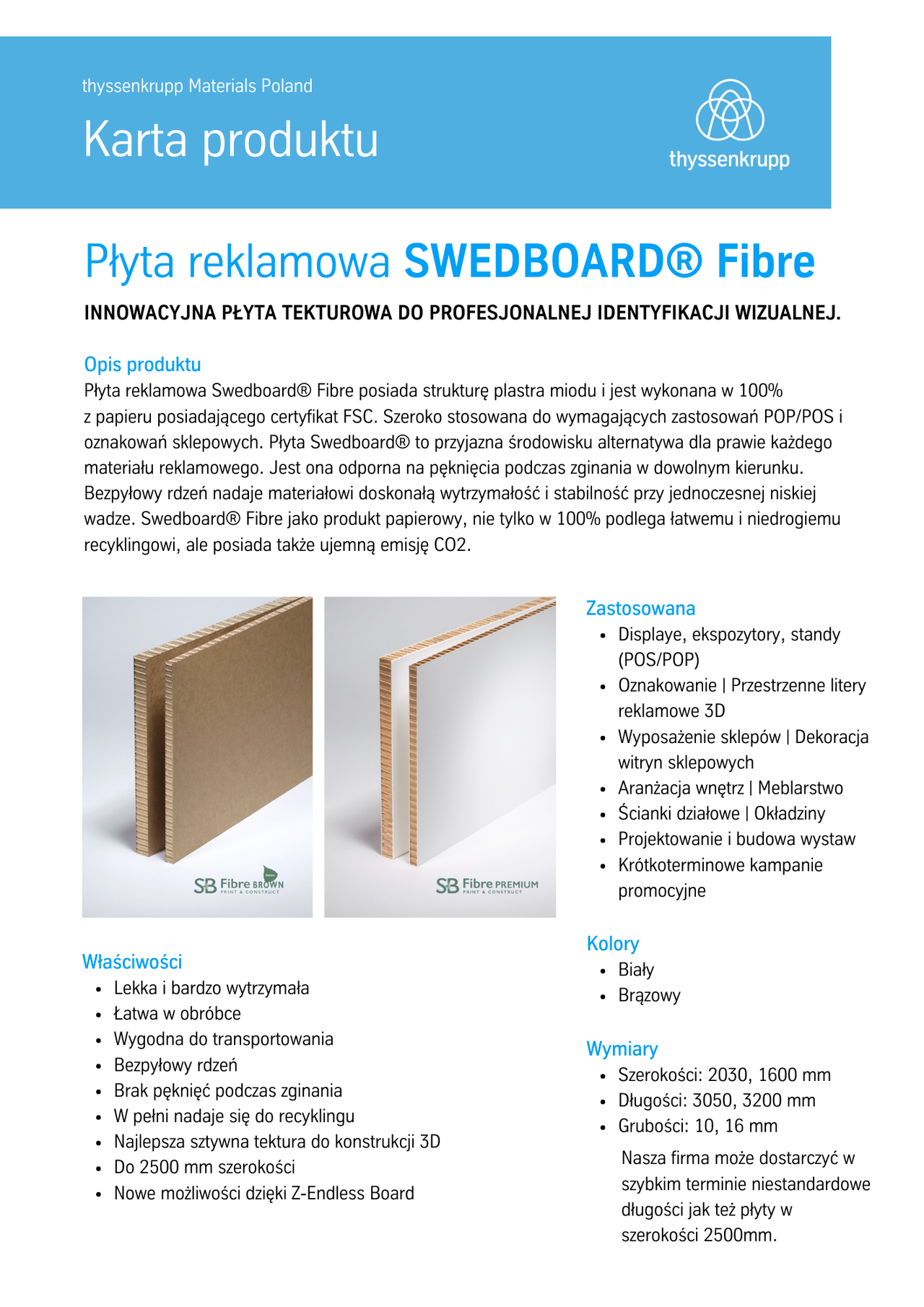 karta produktu tekturowej płyty reklamowej swedboard