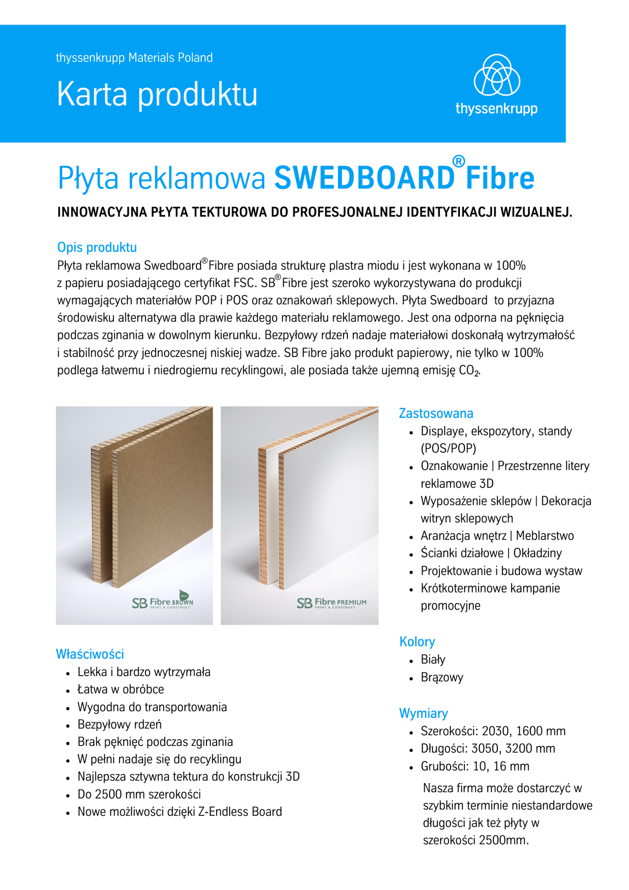karta produktu tekturowej płyty reklamowej swedboard
