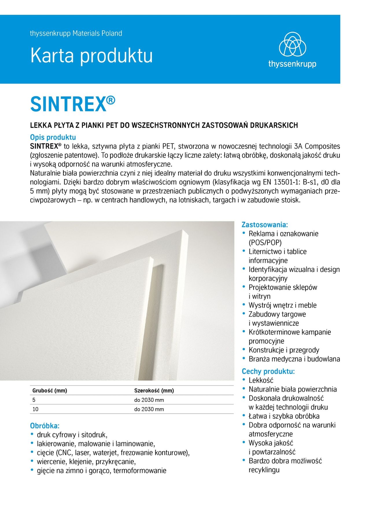 karta produktu piankowej płyty reklamowej sintrex