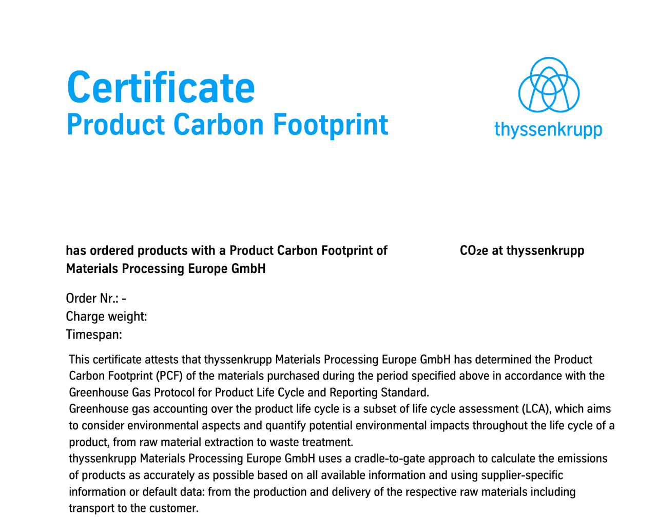 Example Certificate Carbon Footprint