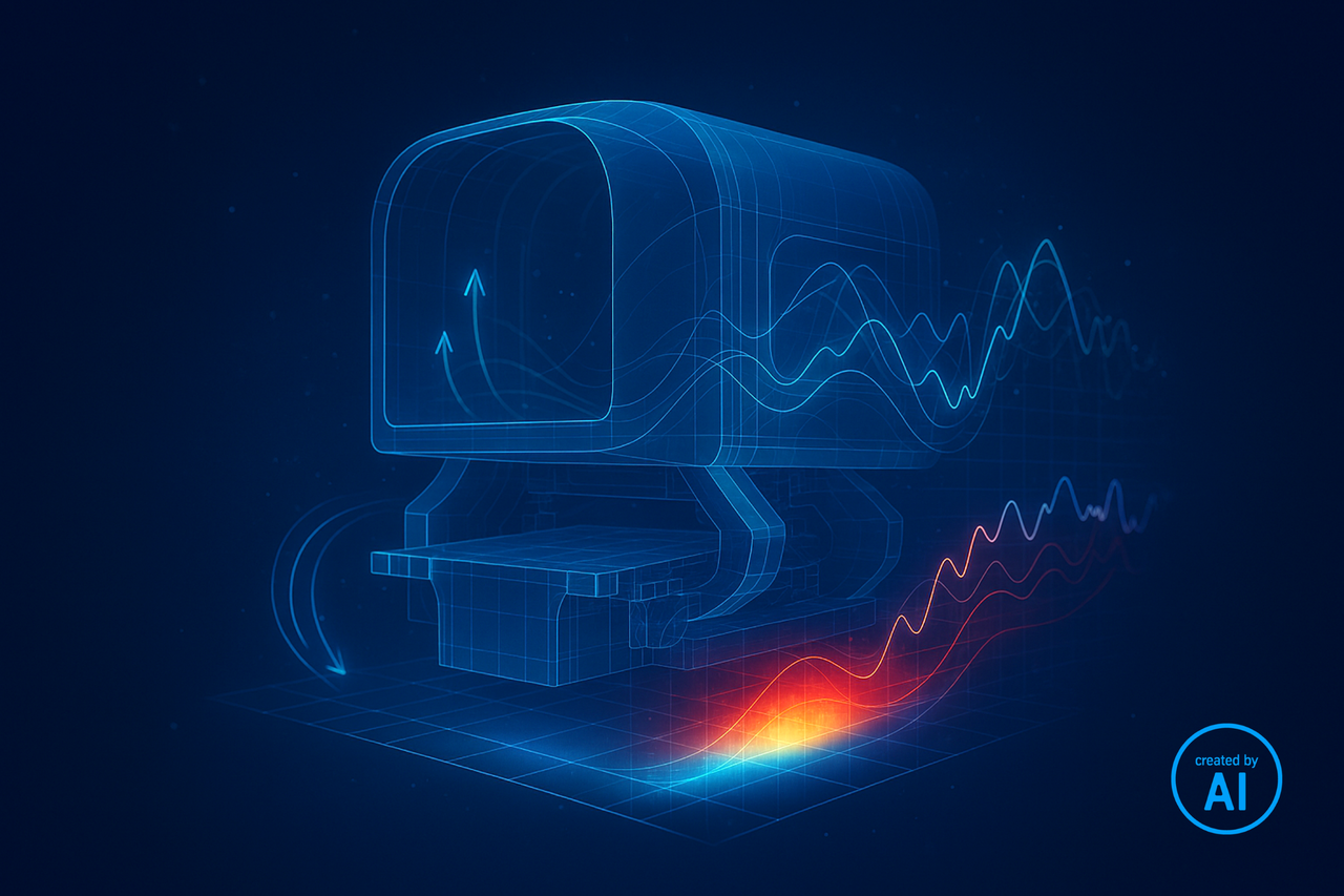 Ingenieure diskutieren ein im Hintergrund dargestelltes komplexes Simulationsmodell 