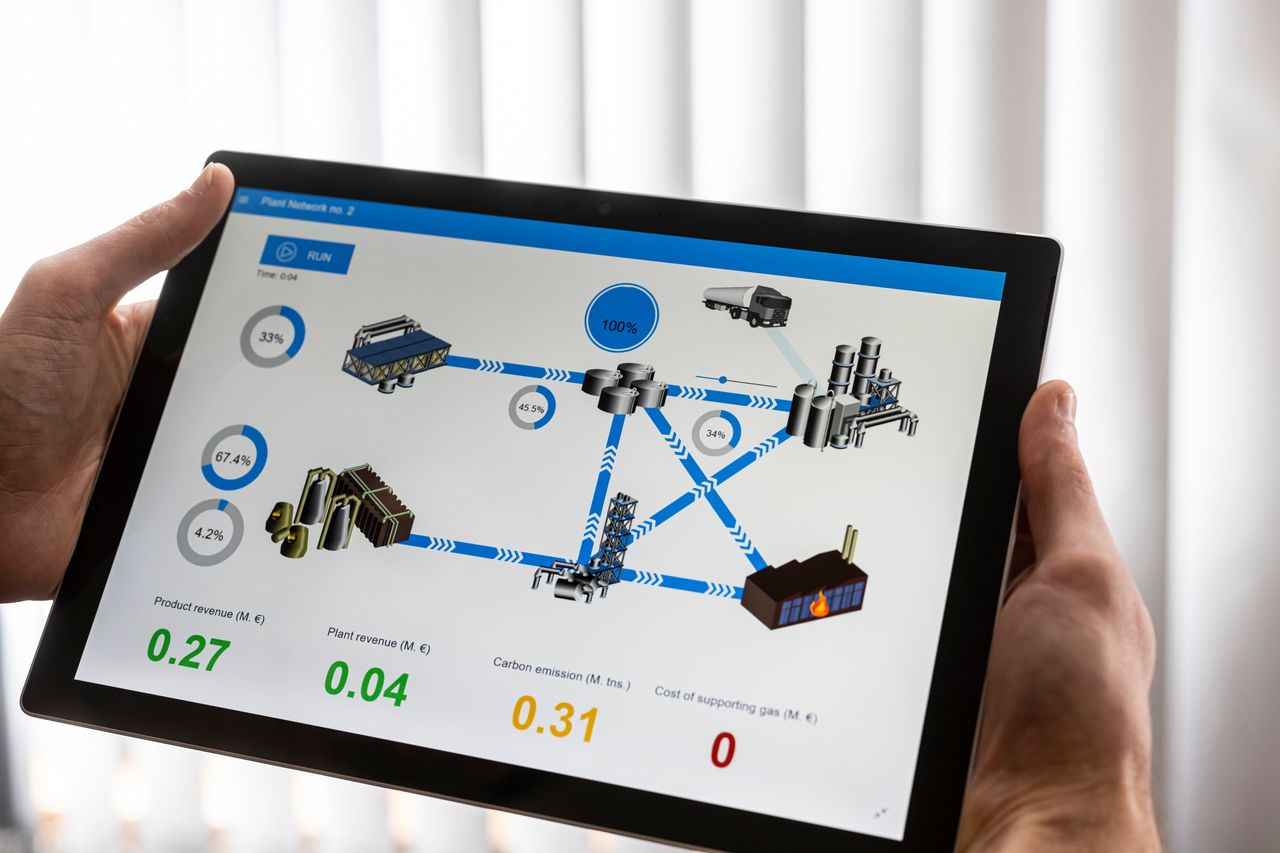 Finger startet auf Tablet eine bunte Simulation eines Regelalgorithmus, inklusive Kennzahlen 