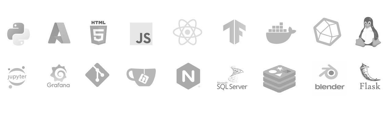 Overview shows icons or logos of various tools and programs (Technology Stack)