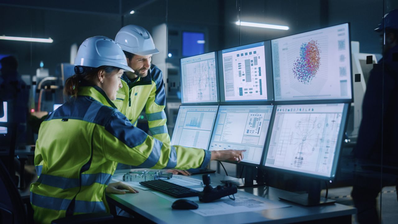 Industry 4.0: Project engineer and plant operator in front of screens with AI and machine learning 